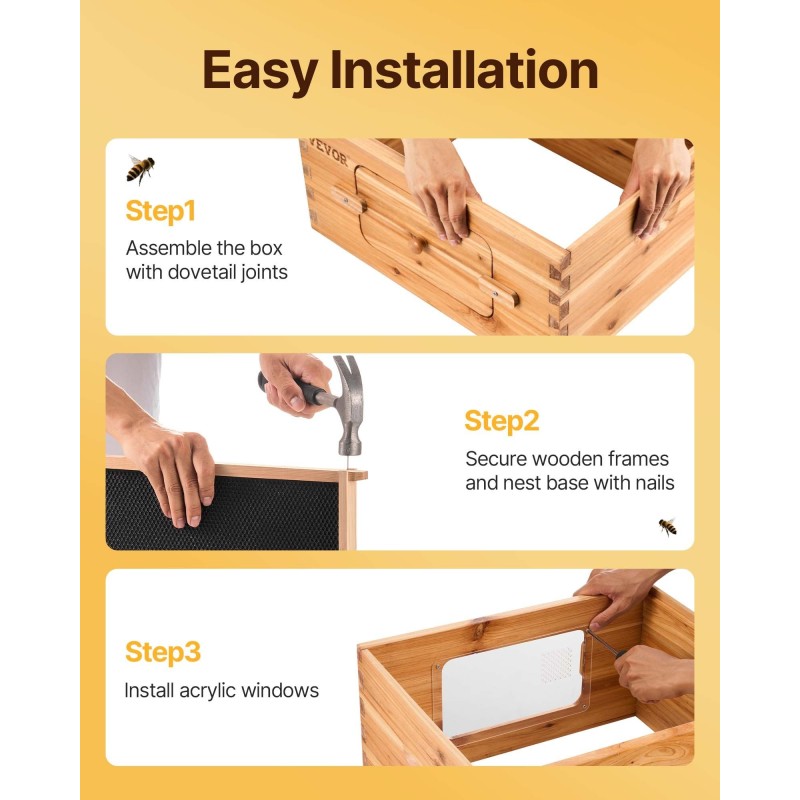 Syvä mehiläispesälaatikko 10 kehystä seetripuusta akryyli-ikkunoilla