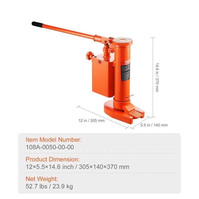 Hydraulinen varvasnostin 5 tonnia, 1-9,1 tuumaa nostokorkeus