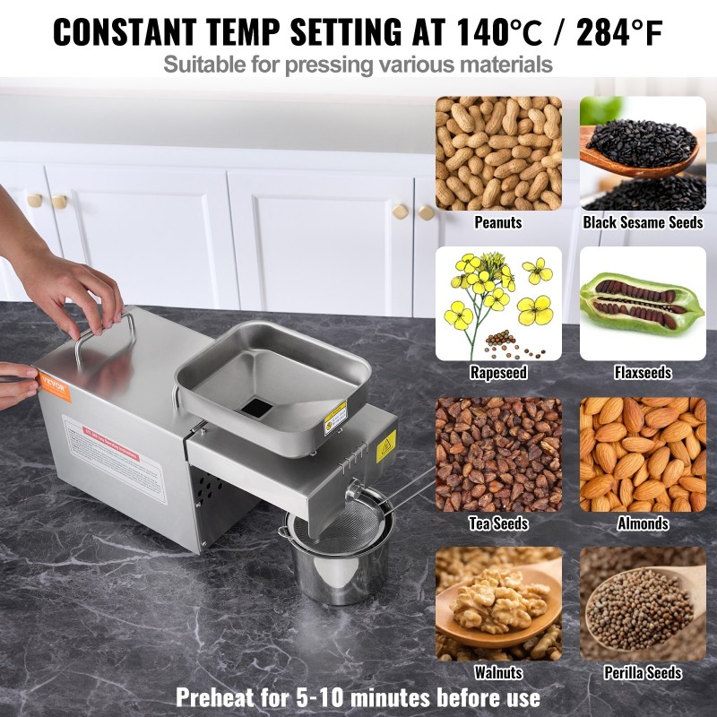 Sähköinen öljynpuristin 700W SUS304-ruostumaton teräs 140℃ 1,5kg/h maapähkinöille seesamille rapsille teesiemenille