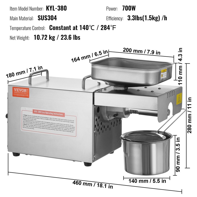 Sähköinen öljynpuristin 700W SUS304-ruostumaton teräs 140℃ 1,5kg/h maapähkinöille seesamille rapsille teesiemenille