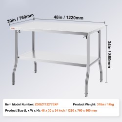 Ruostumaton teräspöytä 1220×760×860 mm taitettava kaksitasoinen keittiöön