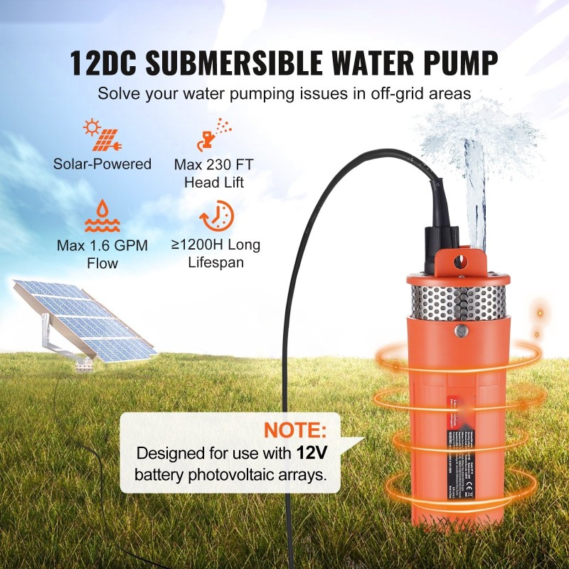 Uppopumppu aurinkokäyttöinen 12V 96W 6 l/min 70 m 30 m ruostumaton suodatin
