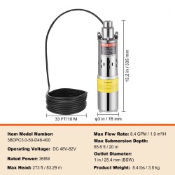 Uppopumppu aurinkokäyttöinen tasavirta 48–82V 369W 1,9m³/h 83m nostokorkeus kaivoihin