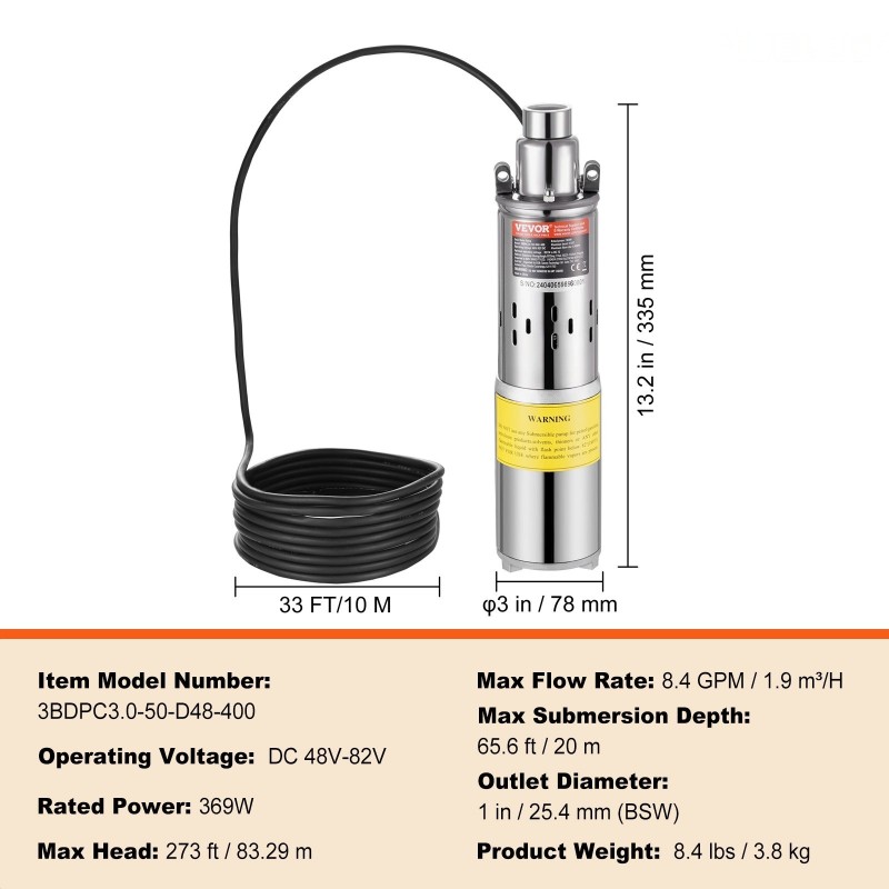 Uppopumppu aurinkokäyttöinen tasavirta 48–82V 369W 1,9m³/h 83m nostokorkeus kaivoihin