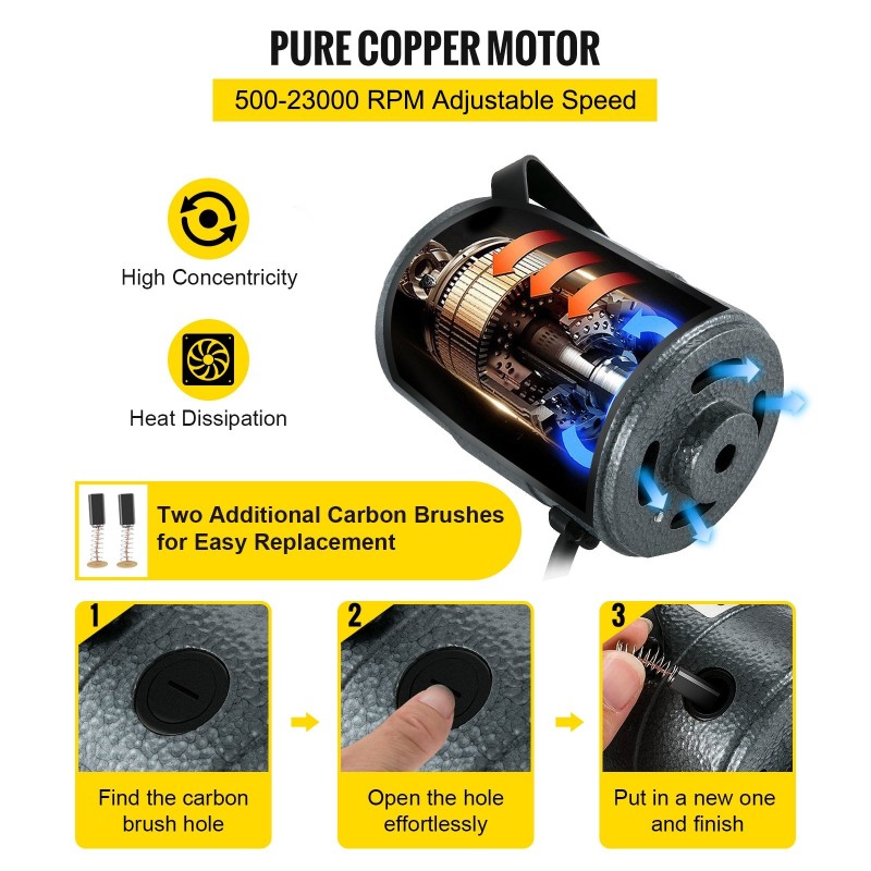 Joustava akselihiomakone 380W 500–23000 kierrosta minuutissa jalkapolkimella kolmileukainen 0,3–6,5 mm istukka
