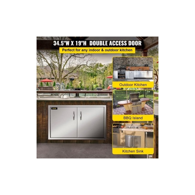 Kaksinkertainen huolto-ovi harjattua ruostumatonta terästä 87,6 cm leveä 48,2 cm korkea ulkokeittiöön