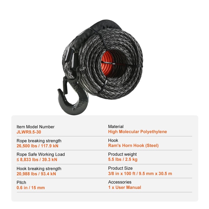 Synteettinen vinssiköysi polyeteenikuitu 9,5 mm 30,5 m mukana taottu koukku ja vetohihna