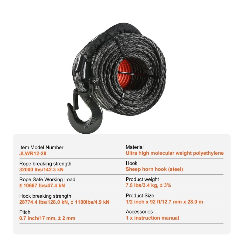 Synteettinen vinssiköysi erittäin molekyylipainoinen polyeteeni 12,7 mm 28 m taottu koukku suojahiha