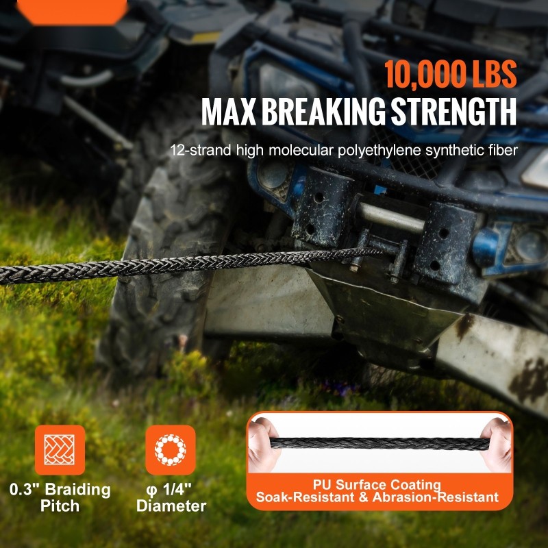 Synteettinen vinssiköysi korkeamolekyylisestä polyeteenistä 6,35 mm 15,24 m maastoajoneuvoille suojahihna koukku