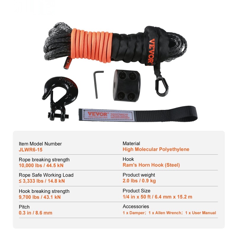 Synteettinen vinssiköysi korkeamolekyylisestä polyeteenistä 6,35 mm 15,24 m maastoajoneuvoille suojahihna koukku