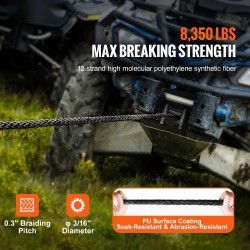 Synteettinen vinssiköysi 4,8 mm 15,2 m PU-päällystetty suojaholkilla taottu teräskoukku ATV UTV