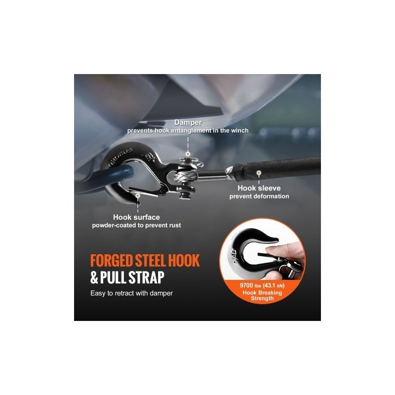 Synteettinen vinssiköysi 4,8 mm 15,2 m PU-päällystetty suojaholkilla taottu teräskoukku ATV UTV