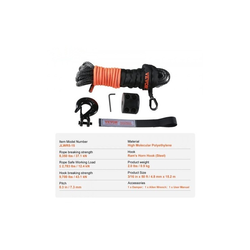 Synteettinen vinssiköysi 4,8 mm 15,2 m PU-päällystetty suojaholkilla taottu teräskoukku ATV UTV