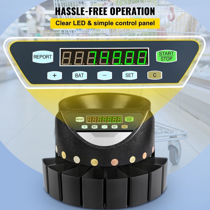 Sähköinen EUR-kolikkolaskuri 300 kolikkoa minuutissa 700 kolikon syöttösäiliö 50–300 kolikkoa per laatikko