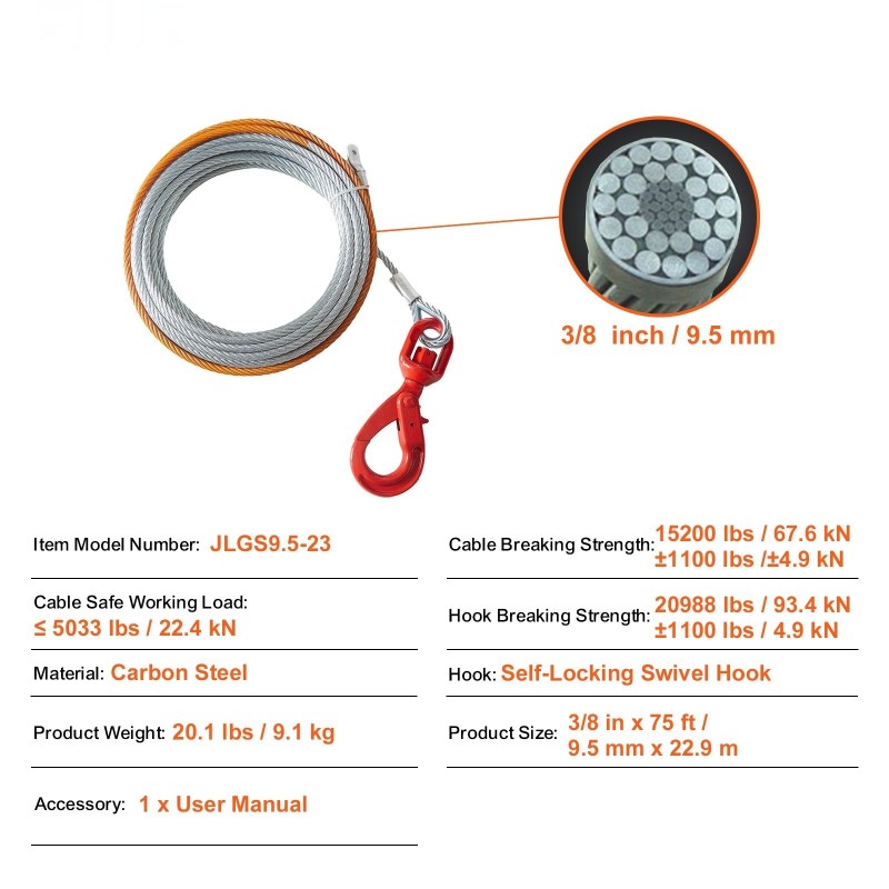 Vinssivaijeri galvanoitu teräs 9,5 mm x 22,9 m 6895 kg murtolujuus