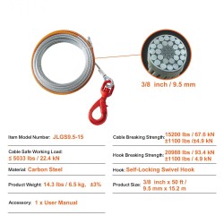 Vinssivaijeri galvanoitu hiiliteräs 9,5 mm x 15,2 m itselukittuva koukku raskaan käytön