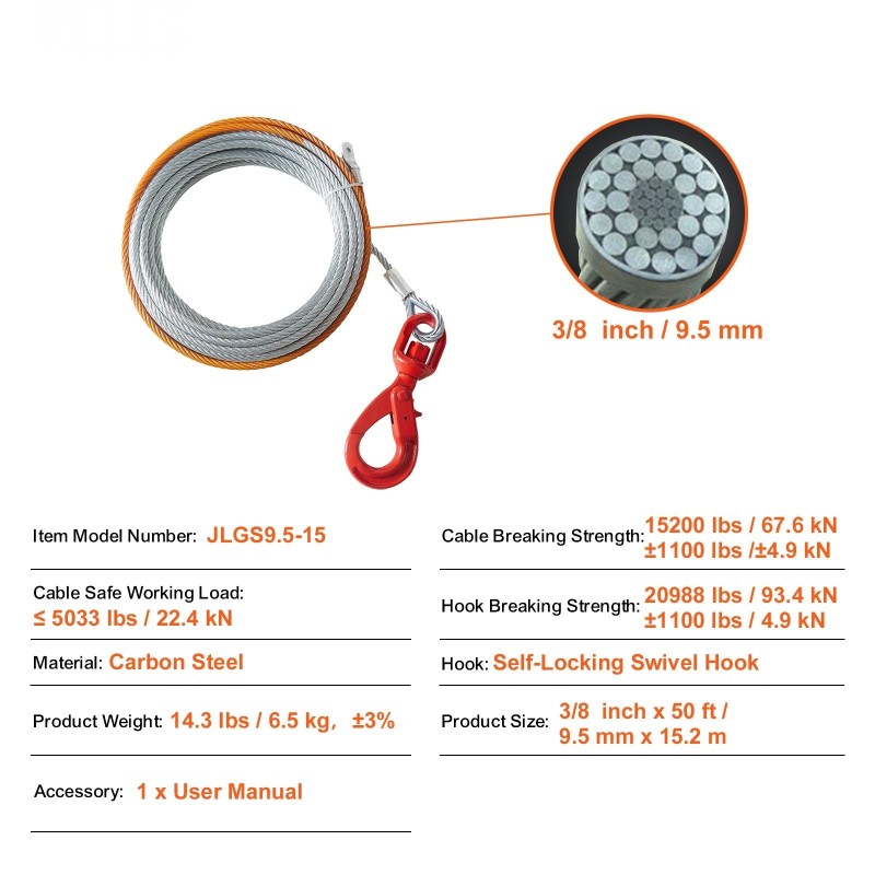 Vinssivaijeri galvanoitu hiiliteräs 9,5 mm x 15,2 m itselukittuva koukku raskaan käytön