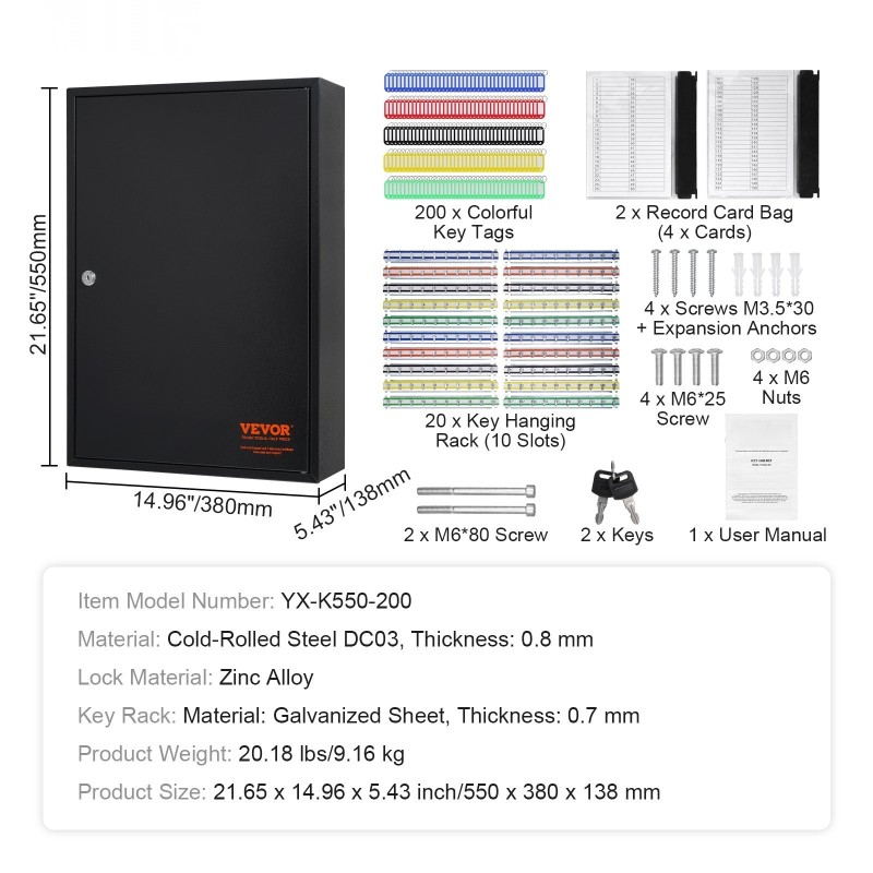 Avainten säilytyskaappi kylmävalssattua terästä 200 avaimelle säädettävät kiskot 200 avainlappua