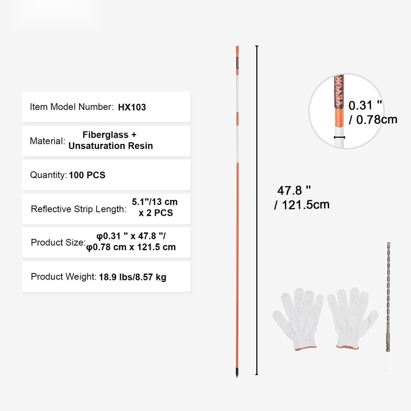 Lasikuituiset oranssit merkintätikut 121,5 cm 100 kpl heijastinnauhalla
