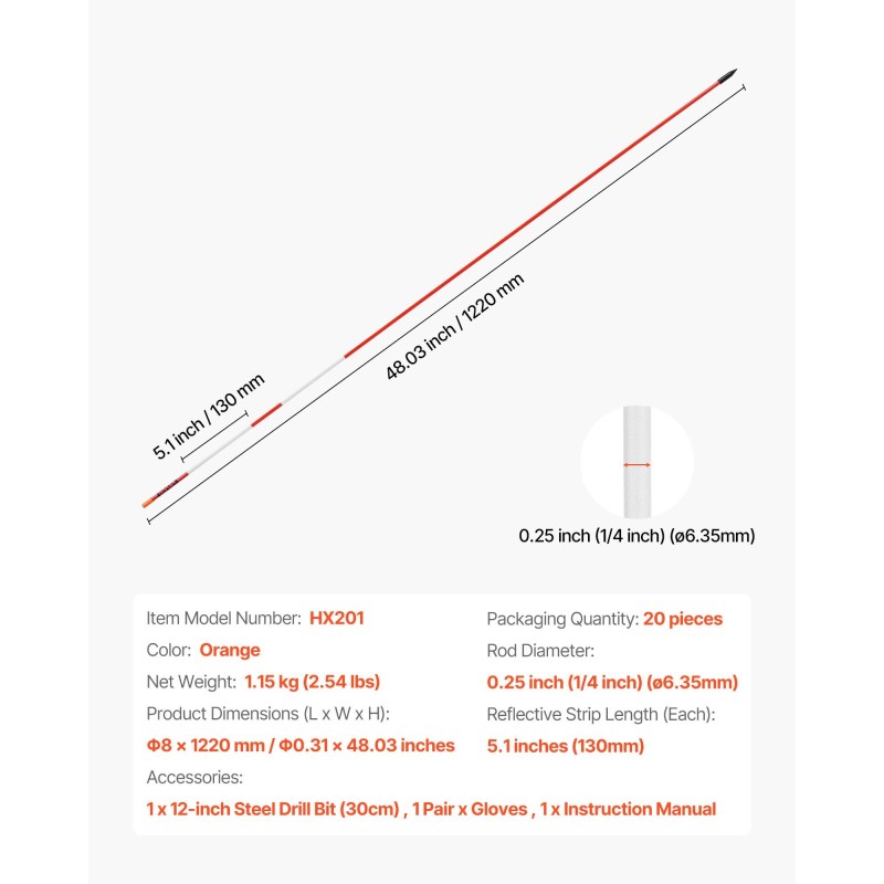 Lasikuituiset merkkitangot 122 cm halkaisija 6,35 mm 20 kpl oranssi heijastinnauhat