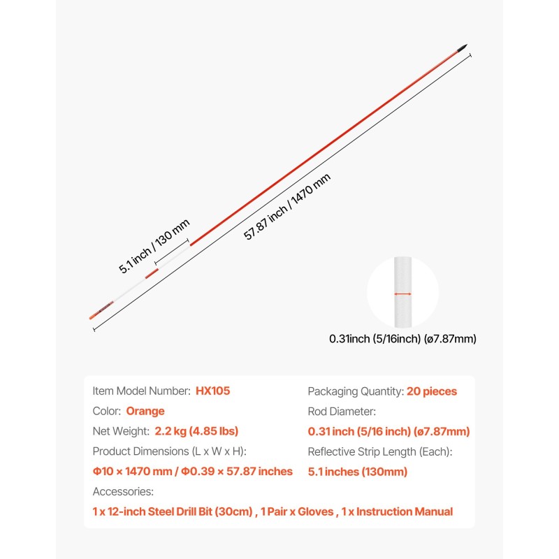 Heijastavat lasikuituiset merkkikepit pihatielle 20 kpl 147 cm Ø7,87 mm mukana poranterä