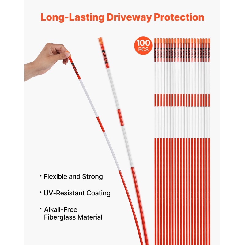 Heijastintikut lasikuituiset 183 cm 7,87 mm 100 kpl oranssit ajoteille ja pysäköintialueille