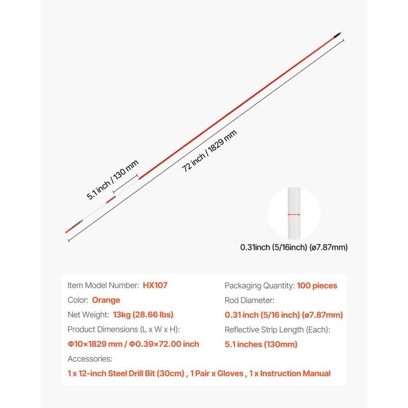 Heijastintikut lasikuituiset 183 cm 7,87 mm 100 kpl oranssit ajoteille ja pysäköintialueille