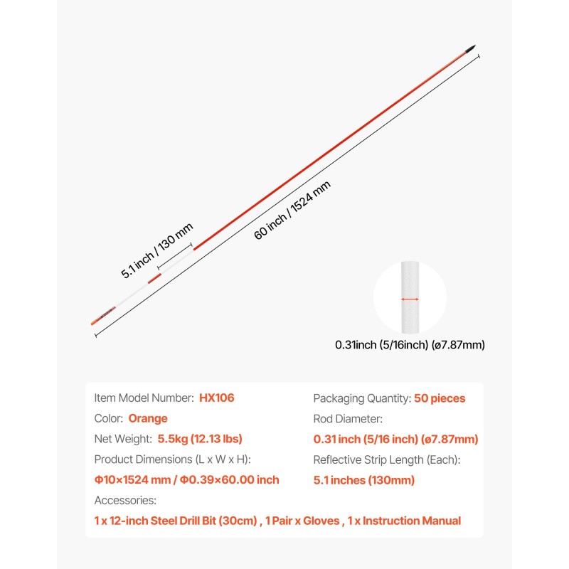 Ajotien merkkitikut 50 kpl 152 cm lasikuitu oranssi heijastinnauhoilla