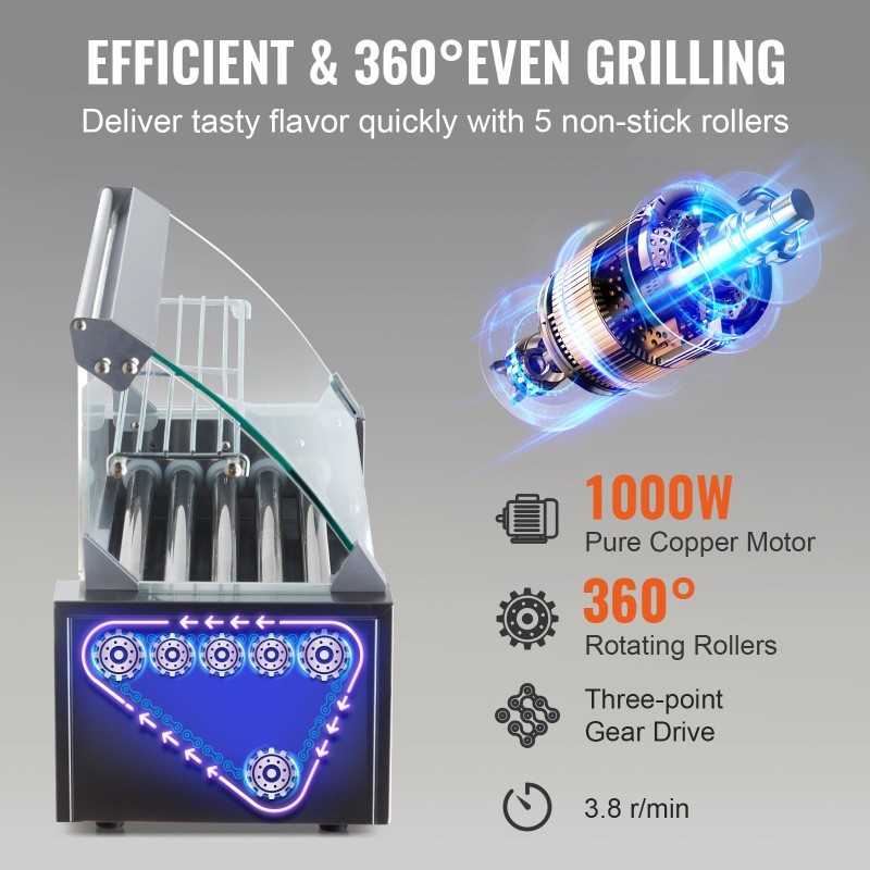 Sähköinen nakkirullagrilli kaksitoista nakkia viisi rullaa karkaistu lasikansi