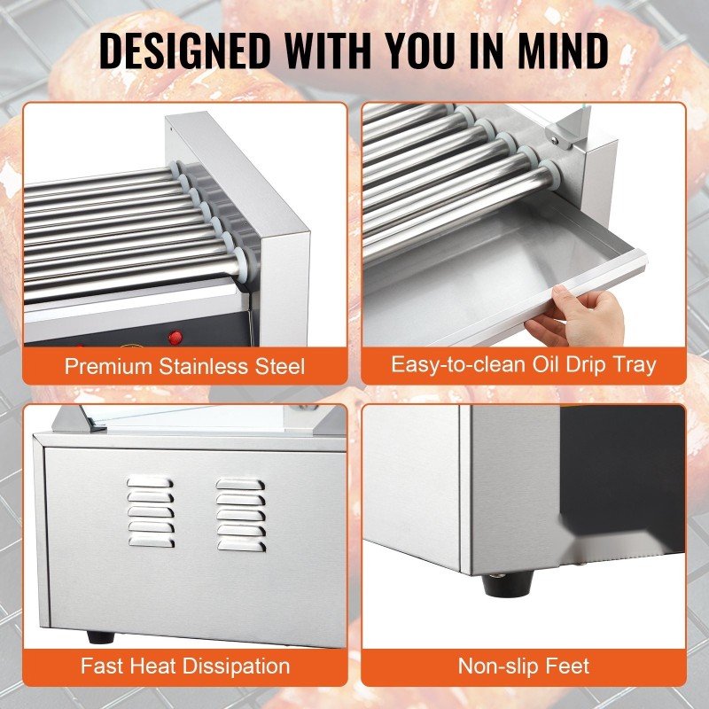 Sähköinen hot dog -grilli 18 kpl 7 rullaa ruostumaton teräsrunko