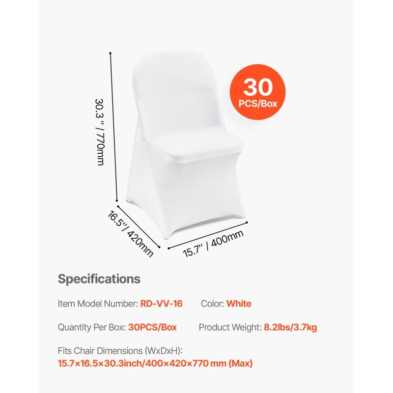 Tuolinsuojat polyesteriä ja spandexia kokoontaitettaville tuoleille 30 kpl valkoinen
