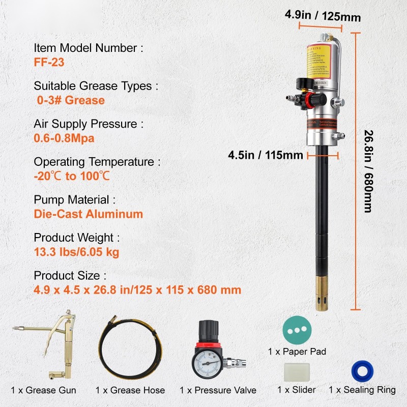 Paineilmakäyttöinen rasvapumppu painevalettu alumiini 50:1 13 jalan letku kääntyvällä pistoolilla