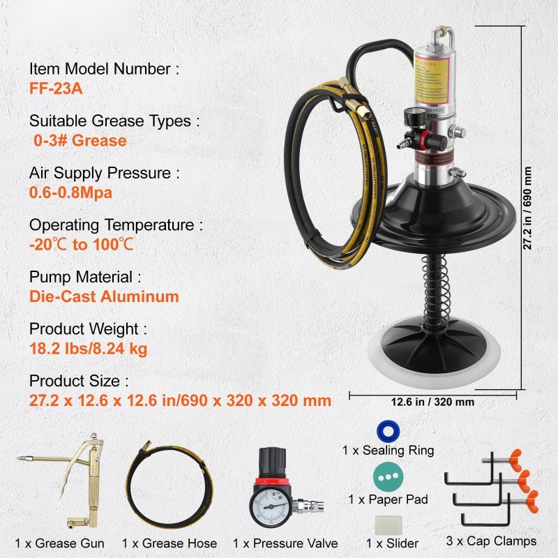 Paineilmakäyttöinen rasvapumppu painevalettua alumiinia 50:1 4 m korkeapaineletku 360 asteen suutinkärki