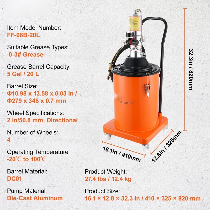 Ilmakäyttöinen rasvapumppu teräksinen säiliö valualumiininen pumppu pyörillä pitkä korkeapaineletku