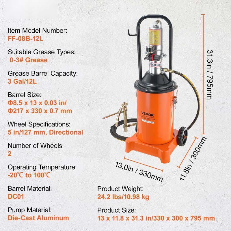 Rasvapumppu teräksinen säiliö 12 l ilmakäyttöinen paineensuhde 50:1 4 m letku pyörillä