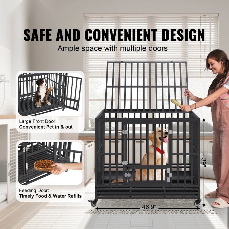 Koiranhäkki galvanoiduista teräsputkista 119×81×99 3 ovea lukittavat pyörät keskikokoisille ja suurille koirille