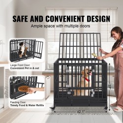 Koiranhäkki galvanoidusta teräksestä 107×77×94 cm 3-ovinen lukittavat pyörät irrotettava tarjotin