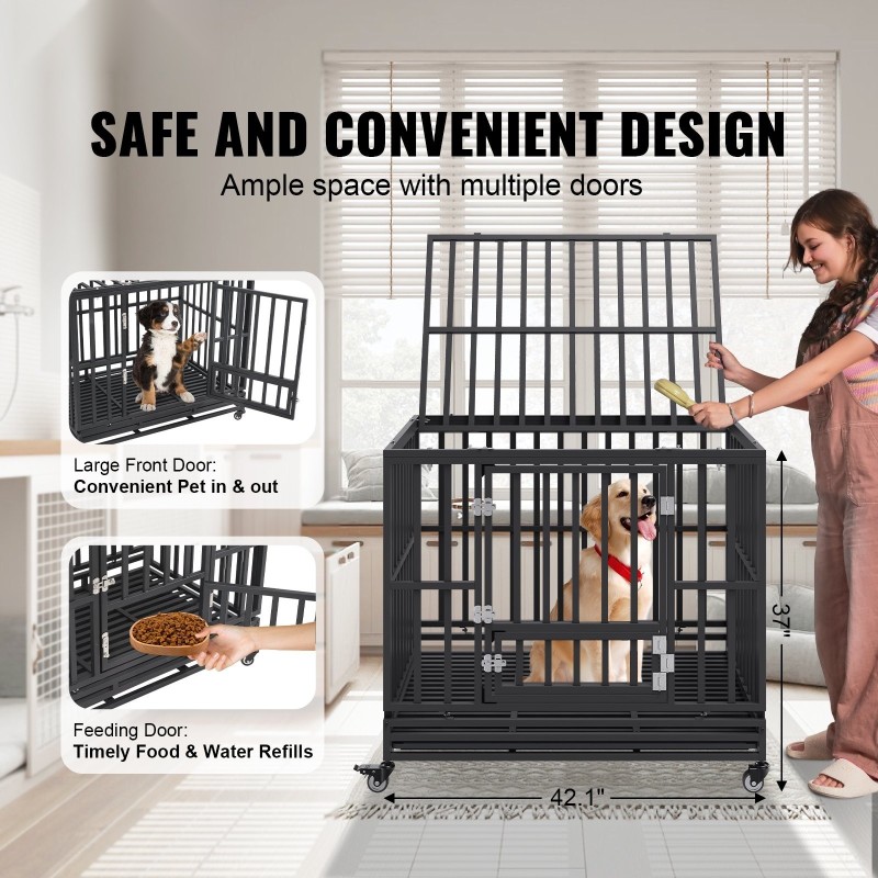 Koiranhäkki galvanoidusta teräksestä 107×77×94 cm 3-ovinen lukittavat pyörät irrotettava tarjotin