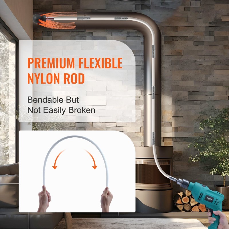 Savupiipun puhdistussarja 7 m nylonvarsilla ergonominen 360 asteen harja