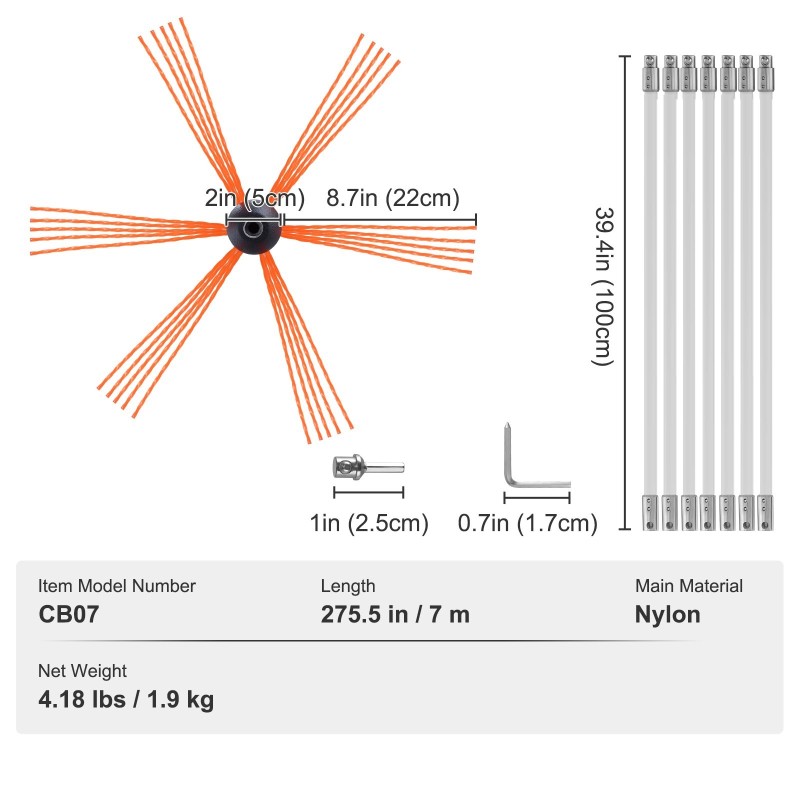Savupiipun puhdistussarja 7 m nylonvarsilla ergonominen 360 asteen harja