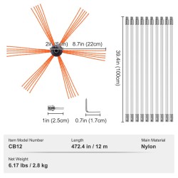 Savupiipun puhdistussarja 12 m 12 nailontangolla ja 360 asteen harjalla
