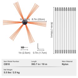 Savupiipun puhdistussetti kymmenen metriä kymmenen vahvistettua nailonvartta pyörivällä harjalla