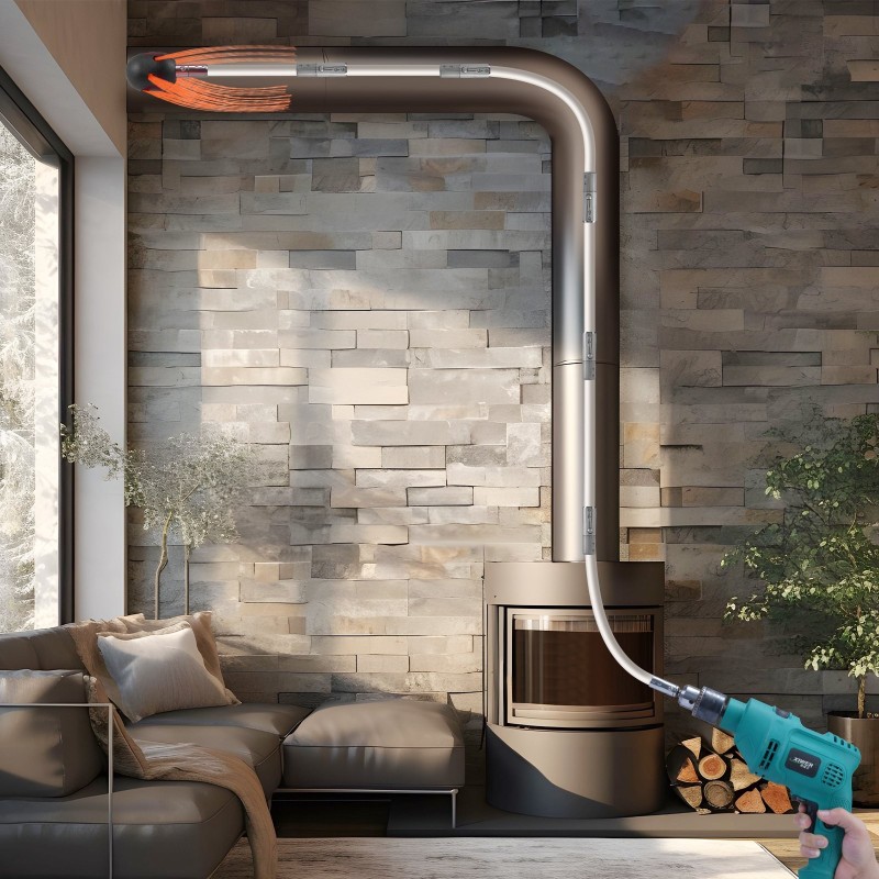 Savupiipun puhdistussetti kymmenen metriä kymmenen vahvistettua nailonvartta pyörivällä harjalla