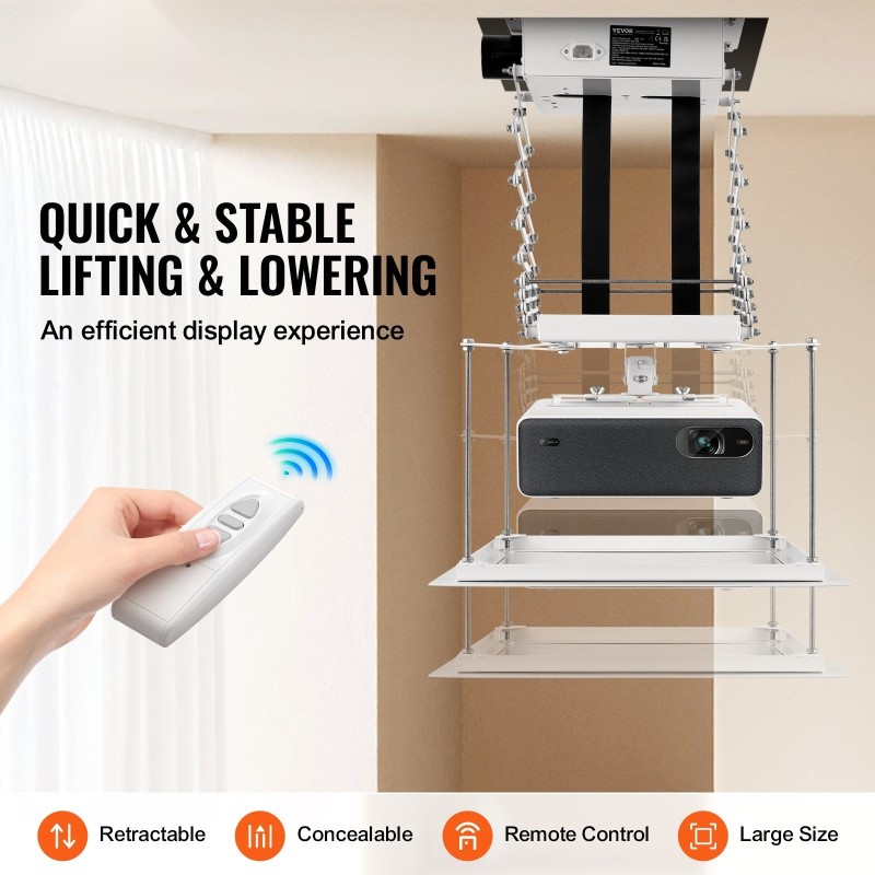 Moottoroitu projektorinostin piilotettava kattokiinnitys säädettävä nostokorkeus 1,5 m valkoinen kaukosäädin mukana