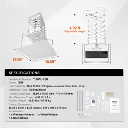 Moottoroitu projektorinostin piilotettava kattokiinnitys säädettävä nostokorkeus 1,5 m valkoinen kaukosäädin mukana