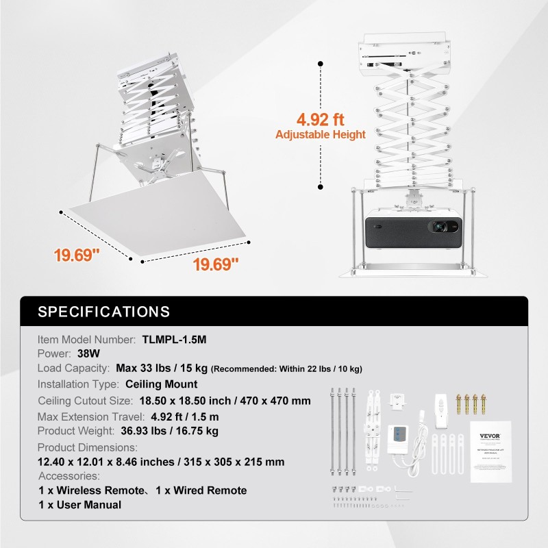 Moottoroitu projektorinostin piilotettava kattokiinnitys säädettävä nostokorkeus 1,5 m valkoinen kaukosäädin mukana