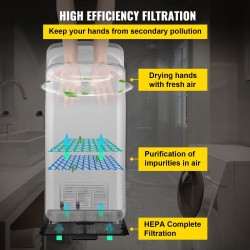 Käsienkuivain pystymallinen ABS-runko 2000 W HEPA-suodatus seinäasennus hopea