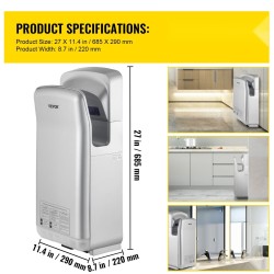 Käsienkuivain pystymallinen ABS-runko 2000 W HEPA-suodatus seinäasennus hopea