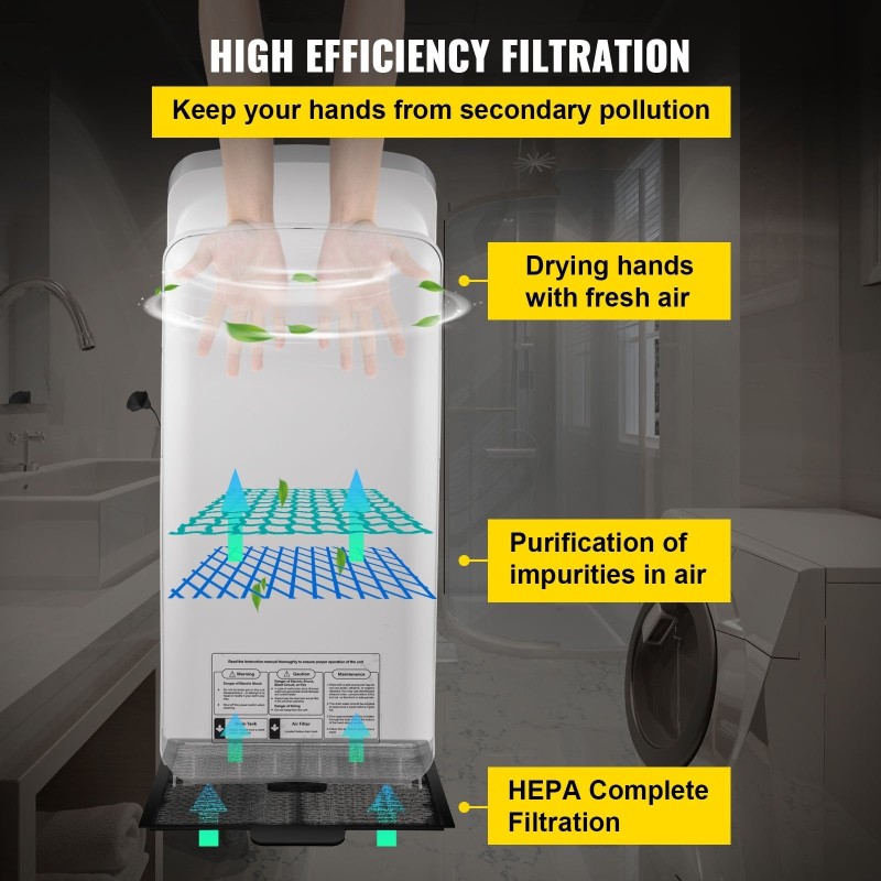 Suihkumallinen käsienkuivain ABS-runko 2000 wattia HEPA-suodatus seinäkiinnitys