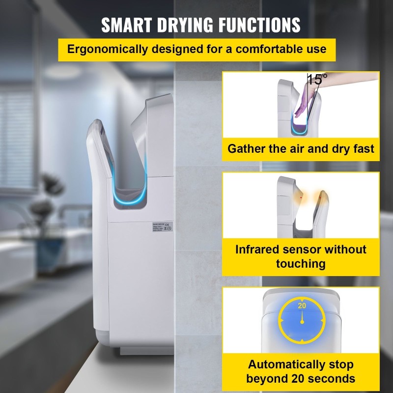 Suihkumallinen käsienkuivain ABS-runko 2000 wattia HEPA-suodatus seinäkiinnitys